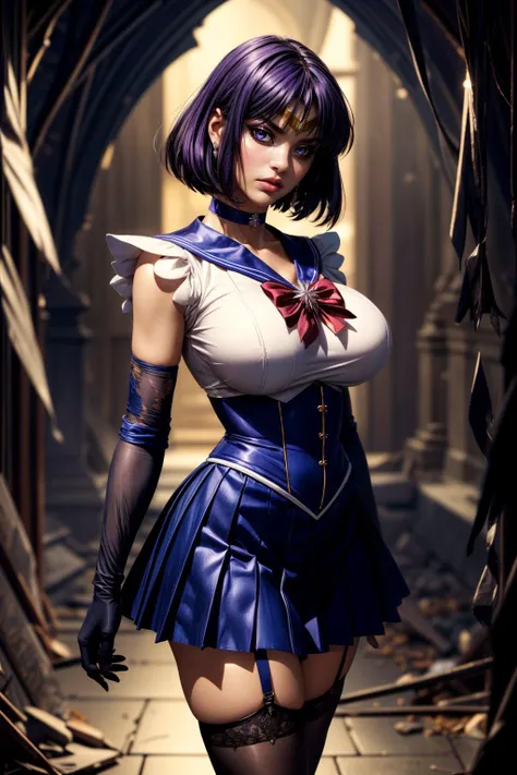 (ultra realistic,32k, masterpiece:1.2),(high detailed skin:1.1),( high quality:1.1),
<lora:sailormoon_sailorsaturn:0.8>sailor saturn,v-shaped eyebrows, angry,purple hair, tiara, sailor senshi uniform, purple sailor collar, pleated skirt, elbow gloves, jewelry, brooch, choker,thighhighs,garter straps,  high heels,(tattered torn clothing:1.2), cavern, mysterious darkness, impressive stalactites blurry background,, huge breast,large breast,(looking at viewer, standing,:1.1), <lora:add_detail:0.96>,
(beautifully lit:1.1),