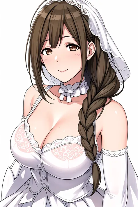 Simple White Background,
Bridal veil, wedding dress, wedding ring, wedding, elbow gloves, collarbone, cleavage, bare shoulders,
<lora:Kuwayama_Chiyuki_IDOLMaSTER-KK77-V2:0.7>,Bridal,
Brown_hair,single braid, brown eyes,Bangs,
<lora:Oda_Non_Style-KK77-V2:0.3>,<lora:more_details:0.1>,
1 girl, 20yo,Young female,Beautiful long legs,Beautiful body,
Beautiful Nose,Beautiful character design, perfect eyes, perfect face,expressive eyes,perfect balance,
looking at viewer,(Focus on her face),closed mouth, (innocent_big_eyes:1.0),(Light_Smile:0.3),
official art,extremely detailed CG unity 8k wallpaper, perfect lighting,Colorful, Bright_Front_face_Lighting,White skin,
(masterpiece:1.0),(best_quality:1.0), ultra high res,4K,ultra-detailed,
photography, 8K, HDR, highres, absurdres:1.2, Kodak portra 400, film grain, blurry background, bokeh:1.2, lens flare, (vibrant_color:1.2),professional photograph,
(Beautiful,large_Breasts:1.4), (beautiful_face:1.5),(narrow_waist),