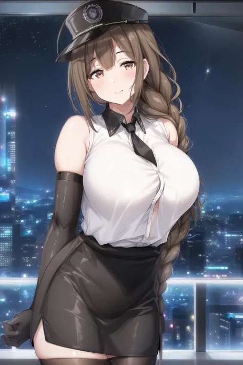 (Night:1.7), Japan, Tokyo, CityView, Before Window,building,city skyline at night,futuristic city,neon lights,
Standing at attention,
(white shirt:1.3) ,black pants,sleeveless, bare shoulders,elbow gloves,Black_tie,Pencil_skirt,thighhighs, pantyhose,
<lora:Kuwayama_Chiyuki-152-KK77-V1:0.7>,kuwayama chiyuki,peaked cap, purple headwear,
Brown_hair,single braid, brown eyes,
1 girl, 24yo,mature female,Beautiful Finger,Beautiful long legs,Beautiful body,Beautiful Nose,Beautiful character design, perfect eyes, perfect face,
looking at viewer, in the center of the image,(Upper_body),(close-Up),(Focus on her face),
NSFW,official art,extremely detailed CG unity 8k wallpaper, perfect lighting,Colorful, Bright_Front_face_Lighting,
(masterpiece:1.0),(best_quality:1.0), ultra high res,4K,ultra-detailed,
photography, 8K, HDR, highres, absurdres:1.2, Kodak portra 400, film grain, blurry background, bokeh:1.2, lens flare, (vibrant_color:1.2)
(Beautiful,large_Breasts:1.4), (beautiful_face:1.5),(narrow_waist),