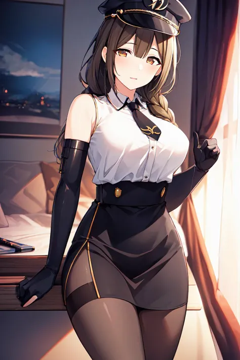 (white shirt:1.3) ,black pants,sleeveless, bare shoulders,elbow gloves,Black_tie,Pencil_skirt,thighhighs, pantyhose,
<lora:Kuwayama_Chiyuki-152-KK77-V1:0.7>,kuwayama chiyuki,peaked cap, purple headwear,
Brown_hair,single braid, brown eyes,
1 girl, 20yo,Young female,Beautiful Finger,Beautiful long legs,Beautiful body,Beautiful Nose,Beautiful character design, perfect eyes, perfect face,expressive eyes, looking at viewer, in the center of the image,(light_smile:0.5), official art,extremely detailed CG unity 8k wallpaper, perfect lighting,Colorful, Bright_Front_face_Lighting,shiny skin, (masterpiece:1.0),(best_quality:1.0), ultra high res,4K,ultra-detailed, photography, 8K, HDR, highres, absurdres:1.2, Kodak portra 400, film grain, blurry background, bokeh:1.2, lens flare, (vibrant_color:1.2) (Beautiful,large_Breasts:1.0), (beautiful_face:1.5),(narrow_waist)