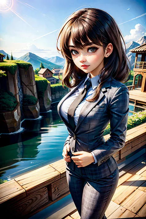 1girl, fullbody, (beautiful:1.1 cute:1.2 serious:1.1 girl:1.2 face, (business suit, pants)), standing, (village), mountain top scenery, photorealistic, portrait, embedding:sd15/pos/edgquality:1.2