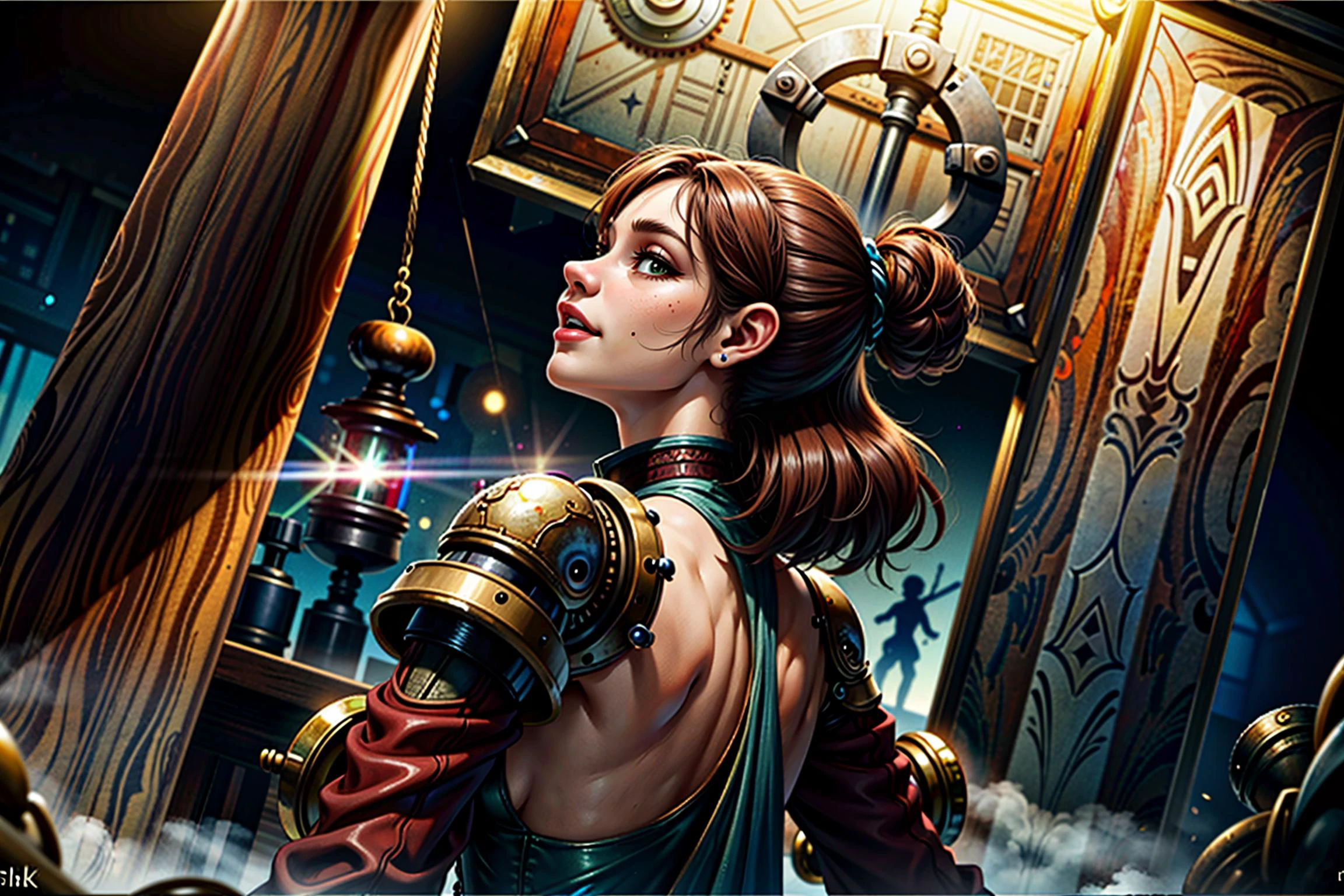 ((((masterpiece))),(best quality),((ultra-detailed)), (vibrant colors), (Establishing Shot):1.1, (low upwards angle)):1.2, ((happy, steampunk woman, an futuristic engineer, a female mechanic, (excited and confident expression), (three quarter turn):1.6, (shoulder forwards), 1girl, 30 year old woman, science fiction, fantasy character, (holding hammer, swinging), fully clothed, (aetherpunk), (reddish-brown hair, red highlights on hair), (full length baggy jumpsuit:1.1))):1.6, Green ether energy, full of wonder, saturated,