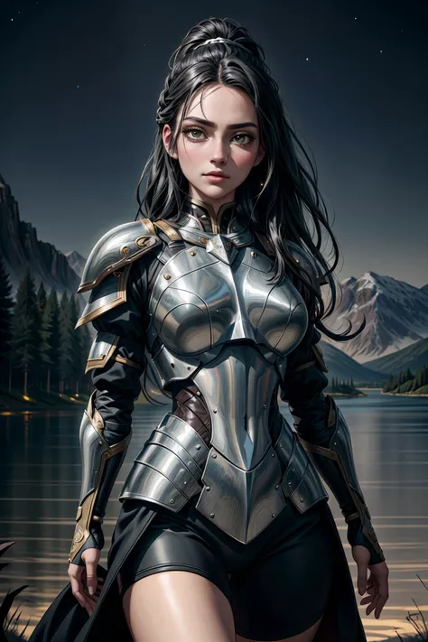 (Style-GHL:0.5),(Style-DA:1.1),dsshadowheart in a field with full of trees,long trees,(lake),beautiful view with mountains,black hair,long hair,ponytail,bangs,braid,hair ornament,green eyes,circlet,armor,((fully armored)),dark silver and leather armor,breastplate,pauldrons,action scene,moon shining in the sky,(cute:0.8),(beautiful:0.8),beautiful model body,skin details,((colorful)),(dramatic lighting, cinematic lighting, volumetric lighting:1.1),dark,(starry night),professional photography,intricate,intricately detailed face and eyes,sharp focus,realistic body proportions,well drawn,masterpiece,ultra detailed,high quality,best quality,4k,8k,