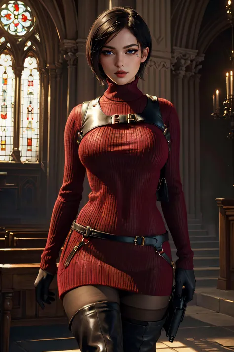 (masterpiece, best quality, ultra detailed, absurdres:1.5), 1girl, (sexy, beautiful woman, perfect face, perfect eyes, perfect female body, large breasts:1.5), (GAME_ResidentEvil4Remake_AdaWong_ownwaifu, asian, black hair, short hair, bangs, sweater, dress, gloves, holster, shoulder holster, black gloves, turtleneck, turtleneck sweater, sweater dress, ribbed sweater, long sleeves, harness, belt, thighhighs, pantyhose, thigh boots, black thighhighs, red sweater, red dress, <lora:GAME_ResidentEvil4Remake_AdaWong_ownwaifu:0.75>), (standing, indoors, cathedral), perfect lighting, smooth, hdr