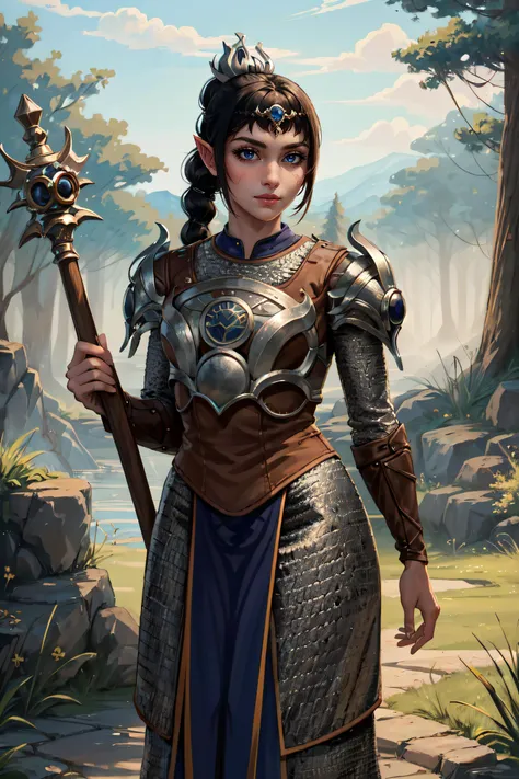 (masterpiece, best quality, ultra detailed, absurdres:1.5), 1girl, (sexy, beautiful woman, perfect face, perfect eyes, perfect female body:1.5), (shadowheart, pointy ears, braid, ponytail, hair ornament, bangs, armor, shoulder armor, breastplate, pauldrons, holding spiked mace, holding shield, <lora:shadowheartr2:0.8>), (full body, standing, outdoors, medieval, forest), perfect lighting, smooth, hdr