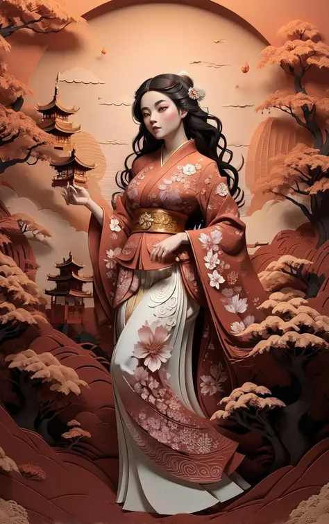 (masterpiece, best quality:1.4), insaneres, absurdres, solo, looking at viewer,BREAK 
LoConARTSTYLE_Paper_Kirigami_ownwaifu, art_nouveau, kirigami, fine art, 
1girl, solo, flower, tree, long hair, black hair, hair ornament, dress, cherry blossoms,  long sleeves, japanese clothes, chinese clothes, full body, wide sleeves, (moon), cloud, waterfall, east asian architecture, 
<lora:LoConARTSTYLE_Paper_Kirigami_ownwaifu:0.95> 
,