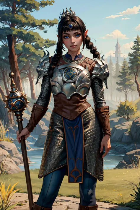 (masterpiece, best quality, ultra detailed, absurdres:1.5), 1girl, (sexy, beautiful woman, perfect face, perfect eyes, perfect female body:1.5), (shadowheart, pointy ears, braid, ponytail, hair ornament, bangs, armor, shoulder armor, breastplate, pauldrons, holding spiked mace, holding shield, <lora:shadowheartr2:0.8>), (full body, standing, outdoors, medieval, forest), perfect lighting, smooth, hdr