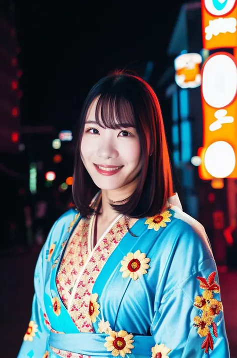 medium close shot and night photo of a japanese woman named yukamurakami (Wearing a printed embroidered kimono) <lyco:yukamurakamiV1:0.7>,upper body,(looking at viewer and facing viewer),smile, (photorealistic:1.4) and (Realistic:1.4) and Detailed Skin Textures and detailed skin pores,long hair, brown hair,medium breasts,Detailed facial features, detailed eyes, detailed nose, detailed lips,(arms behind back:1.2),Fujifilm XT3,film still,film grain,cinematic,<lyco:film grainV2:0.6>,outdoor,Tokyo Japan street background,<lyco:flashphotographyphoto-ProV1:0.4>