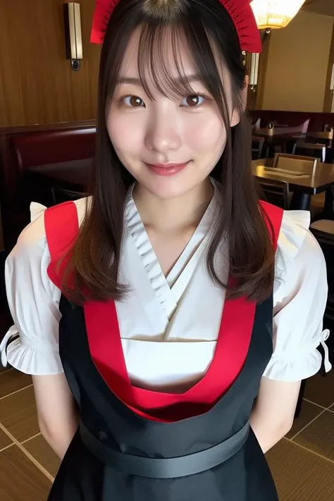 a photo of a japanese woman named yukamurakami, <lyco:yukamurakamiV1:0.7>,upper body,looking at viewer and facing viewer,smile, (photorealistic:1.4) and (Realistic:1.4) and Detailed Skin Textures and detailed skin pores,long hair, brown hair, wearing apron and wrist cuffs and maid and maid headdress,medium breasts,Detailed facial features, detailed eyes, detailed nose, detailed lips, Fujifilm XT3,film still,film grain,cinematic,<lyco:film grainV2:0.5>,restaurant background,indoor