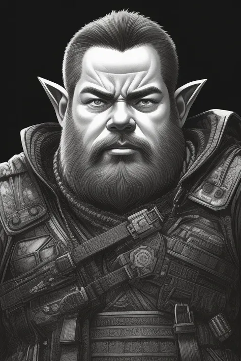 dwarf, man, close up, pointy ears, action pose, broad shoulders, broad waist, stocky, sci-fi complex clothes, cyberpunk, cyberpunk warehouse, rain, looking into the camera, <lora:Dwarf_Diffusion:0.9>, ((intricate details)), hdr, ((intricate details, hyperdetailed)), Sketch, Manga Sketch, Pencil drawing, Black and White, Manga, Manga style, Low detail, Line art, vector art, Monochromatic, by katsuhiro otomo and masamune shirow and studio ghilibi and yukito kishiro