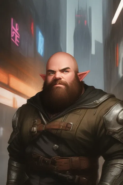 dwarf, man, close up, pointy ears, action pose, broad shoulders, broad waist, stocky, sci-fi complex clothes, cyberpunk, cyberpunk warehouse, rain, looking into the camera, hair flying, (anime), (illustration), cartoon, detailed, <lora:Dwarf_Diffusion:0.9>