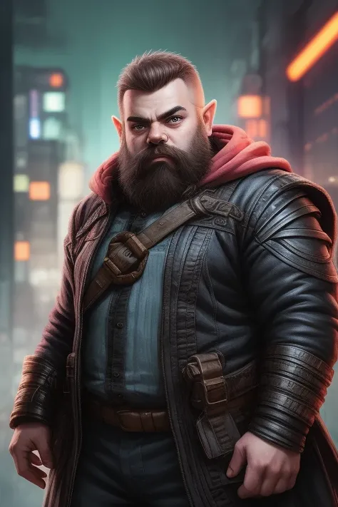dwarf, man, close up, pointy ears, action pose, broad shoulders, broad waist, stocky, sci-fi complex clothes, cyberpunk, cyberpunk warehouse, rain, looking into the camera, hair flying, (anime), (illustration), cartoon, detailed, <lora:Dwarf_Diffusion:0.9>
