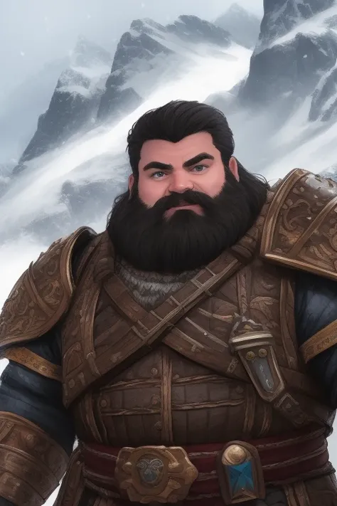 dwarf, eoman, (close up:1.1), action pose, paladin, broad shoulders, broad waist, stocky, (eyes wide open:1.7), fantasy heavy armor, fantasy, mountain, snow, winter, looking into the camera, hair flying, weapon, (anime), (illustration), cartoon, detailed, <lora:Dwarf_Diffusion:0.5>