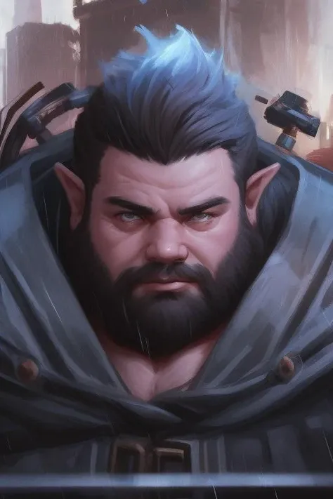 dwarf, man, close up, pointy ears, action pose, broad shoulders, broad waist, stocky, sci-fi complex clothes, cyberpunk, cyberpunk warehouse, rain, looking into the camera, hair flying, (anime), (illustration), cartoon, detailed, <lora:Dwarf_Diffusion:0.9>