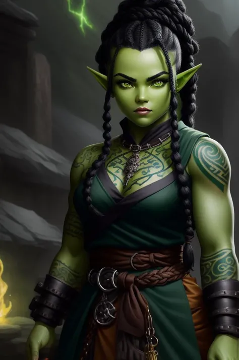 (Guilty:1.3) dwarf (green skin color), black braided hair, woman, closeup, pointy ears, arms crossed, monk complex clothes ((sleeveless robes, tattooed arms)), steampunk, tavern, rain, looking into the camera, hair flying, (anime), (illustration), cartoon, detailed, archaic cybernetic hands, <lora:Dwarf_Diffusion:0.9>