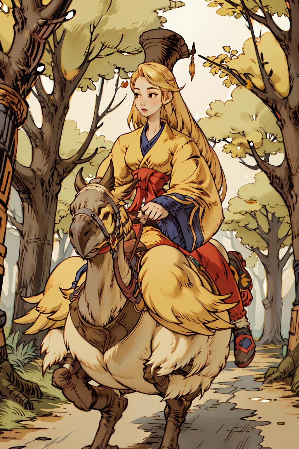 (masterpiece,best quality,absurdres),dappled sunlight,forest,chocobo,riding chocobo,1girl,MysticFFT, long hair, blonde hair, yellow korean clothes, long sleeves, wide sleeves, red sash, <lora:FinalFantasy_FemaleMystic:0.9> <lora:chocobo-nvwls-v1:0.8> <lora:FFTJobs:0.6>