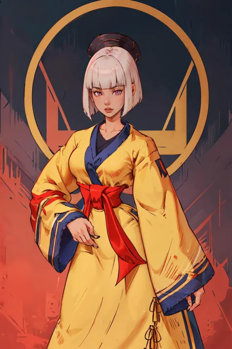 (masterpiece,best quality,absurdres,beautiful,aesthetic,detailed),dark-skinned female,bob cut,blunt bangs,white hair,pink eyes,1girl,MysticFFT,yellow clothes, long sleeves, wide sleeves, red sash,smug <lora:FinalFantasy_FemaleMystic:1>