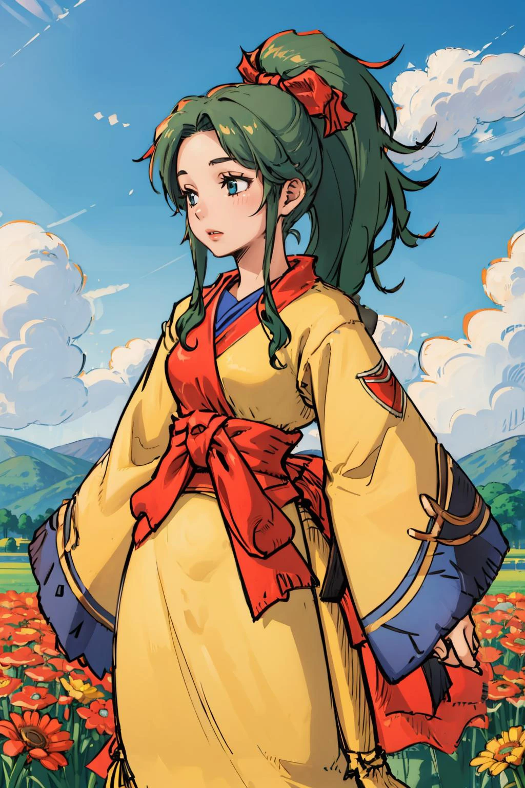 masterpiece, best quality, 1girl, solo <lora:FinalFantasy_FemaleMystic:0.8> MysticFFT, yellow korean clothes, long sleeves, wide sleeves, red sash, <lora:tina-nvwls-v1-final:0.8> tina branford, hair ribbon, green hair, blue sky, field