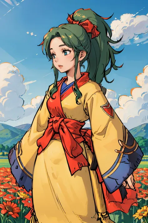 masterpiece, best quality, 1girl, solo <lora:FinalFantasy_FemaleMystic:0.8> MysticFFT, yellow korean clothes, long sleeves, wide sleeves, red sash,  <lora:tina-nvwls-v1-final:0.8> tina branford, hair ribbon, green hair, blue sky, field