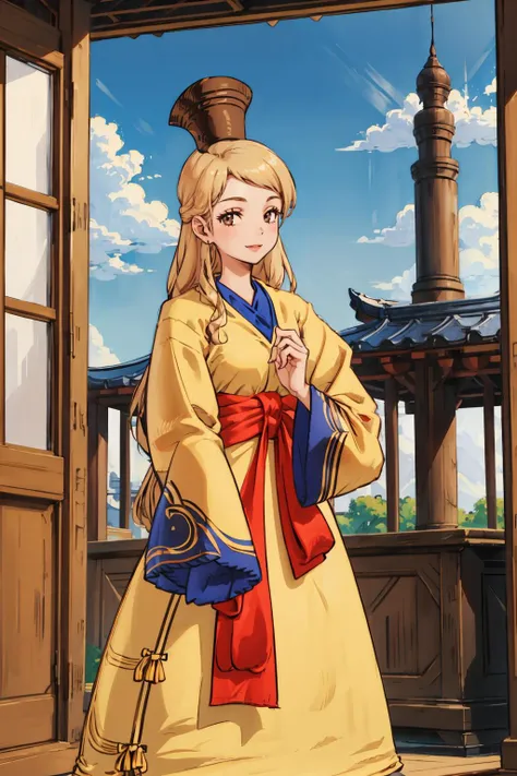 masterpiece, best quality, 1girl, solo <lora:FinalFantasy_FemaleMystic:0.9> MysticFFT, long hair, blonde hair, brown eyes, brown hat, yellow korean clothes, long sleeves, wide sleeves, red sash, own hands together, blue sky, pagoda, looking at viewer, smile