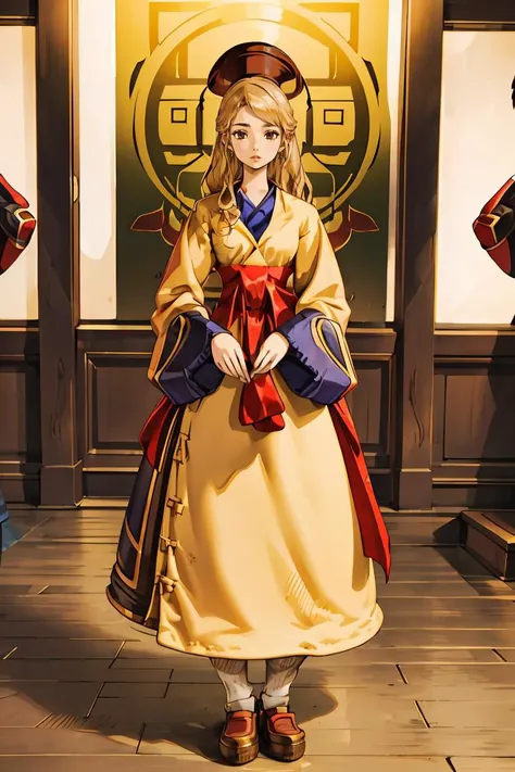 (masterpiece, best quality), 1girl,   <lora:FinalFantasy_FemaleMystic:1> MysticFFT, long hair, blonde hair, brown eyes, hat, yellow korean clothes, long sleeves, wide sleeves, red sash, shoes,