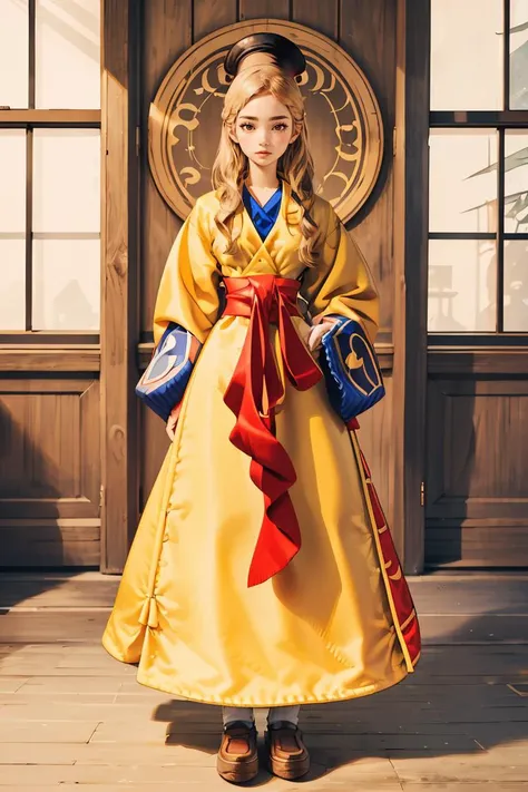 (masterpiece, best quality), 1girl,   <lora:FinalFantasy_FemaleMystic:1> MysticFFT, long hair, blonde hair, brown eyes, hat, yellow korean clothes, long sleeves, wide sleeves, red sash, shoes,