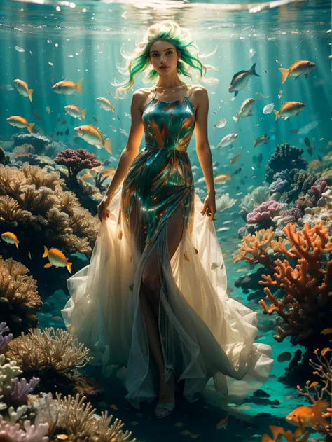 (best quality, masterpiece, colorful, dynamic angle, highest detailed),ultra high res,(photorealistic:1.4),1girl,die,male perspective,full body, mermaid, a small number of jellyfish, multicolored fish,long hair, bright green hair, perfect body proportions,(long dress:1.5),<lora:è¶è5:0.6>,fantasy city,leather jacket,all fours, underwater coral reef