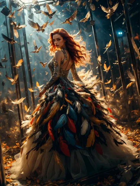 (best quality, masterpiece, colorful, dynamic angle, highest detailed),ultra high res,(photorealistic:1.4),1girl,die,male perspective,full body,a small number of feathers, multicolored feathers,long hair, red hair, perfect body proportions,(long dress:1.5),<lora:è¶è5:0.6>,fantasy city,leather jacket,all fours, bird nests in an aviary