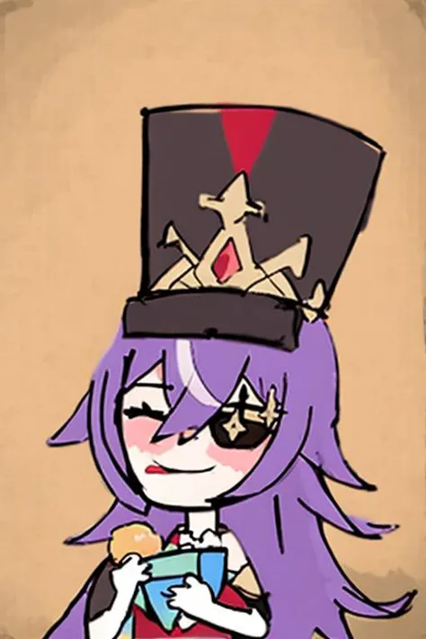 masterpiece, best quality,  <lora:chevreuse:1>,  <lora:jpd:1.2>,sketch,
1girl, purple hair, hat, eyepatch, solo, food, plate, long hair, closed eyes, gift, chibi, holding, food on face, eating, box, cake, bangs, multicolored hair, white hair, holding fork, hair between eyes, gift box, smile, gloves, fork, closed mouth, holding plate, black headwear, flower, white gloves, streaked hair, blush, facing viewer, bento