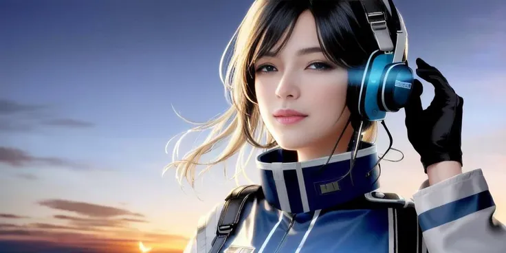 (best quality, masterpiece:1.2), (photorealistic:1.2),(cinematic composition:1.3), ultra high res, cinematic lighting, ambient lighting, sidelighting, Exquisite details and textures, beautiful, 1girl, pilot uniform, super wide angle, 14mm, blue_sky, outdoor, looking at viewer, smile, detail spaces in background