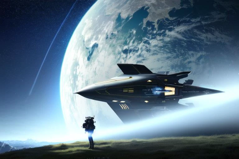 (best quality, masterpiece:1.2), (photorealistic:1.2),(cinematic composition:1.3), ultra high res, cinematic lighting, ambient lighting, sidelighting, Exquisite details and textures, beautiful, 1girl, pilot uniform, super wide angle, 14mm, blue_sky, outdoor, looking at viewer, smile, detail spaces in background, spaceship in distance