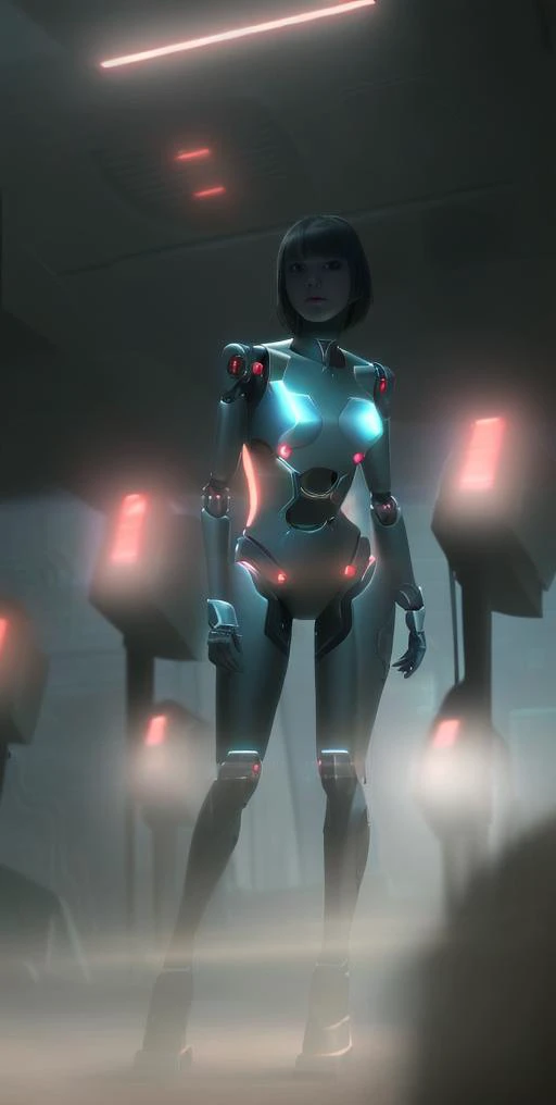 (a girl) , a few robots in the background, (best quality, masterpiece:1.2), (photorealistic:1.2),(cinematic composition), ultra high res, cinematic lighting, side light,