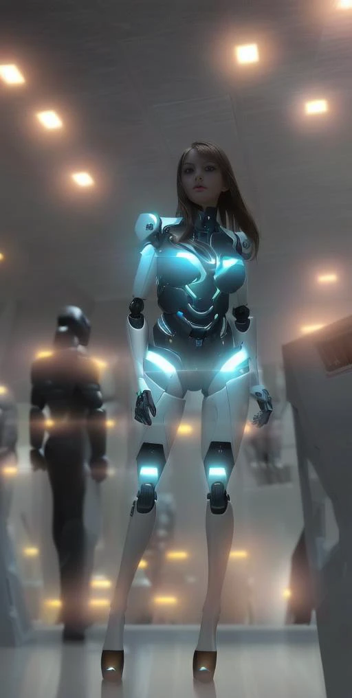 (a beautiful girl) , a few robots in the background, (best quality, masterpiece:1.2), (photorealistic:1.2),(cinematic composition), ultra high res, side light,