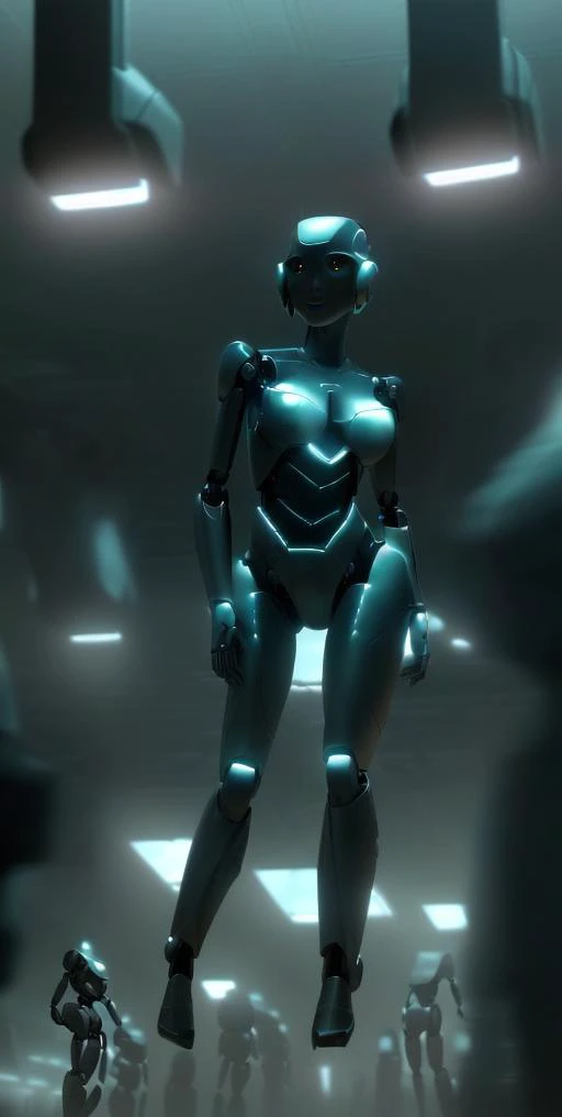(a girl) , a few robots in the background, (best quality, masterpiece:1.2), (photorealistic:1.2),(cinematic composition:1.3), ultra high res, cinematic lighting, ambient lighting, side light,