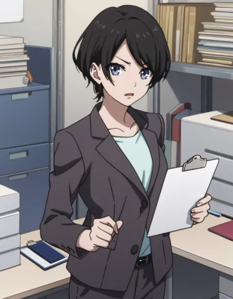 score_9,  score_8_up, score_7_up, source_anime, <lora:Shirobako-Yuka_Okitsu-PDXL:0.7> Yuka Okitsu,
1girl, frown, open mouth, jacket,
cowboy shot, looking at viewer, clipboard, office