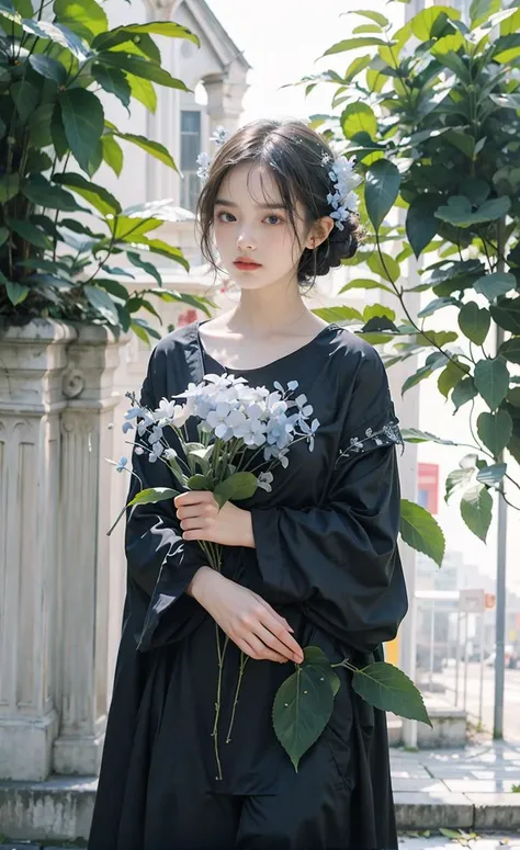 (masterpiece,top quality,best quality,official art,beautiful and aesthetic:1.2),
emotional depth,weighed down with sorrow,silence,falling leaves,dynamic,wide sleeves, grey sky, black robe, closed mouth, cloudy sky, long sleeves, robe,Poetic lens,obscure light and shadow,full body,
1girl, waist up, Bluestar-Amsonia hubristic,blue flower,double exposure, fussion of fluid abstract art,surrounded by flower,
<lora:mix4:0.4:FC>Rackflower,<lora:Rackflowerv2:1>, <lora:FilmVelvia2:0.5>