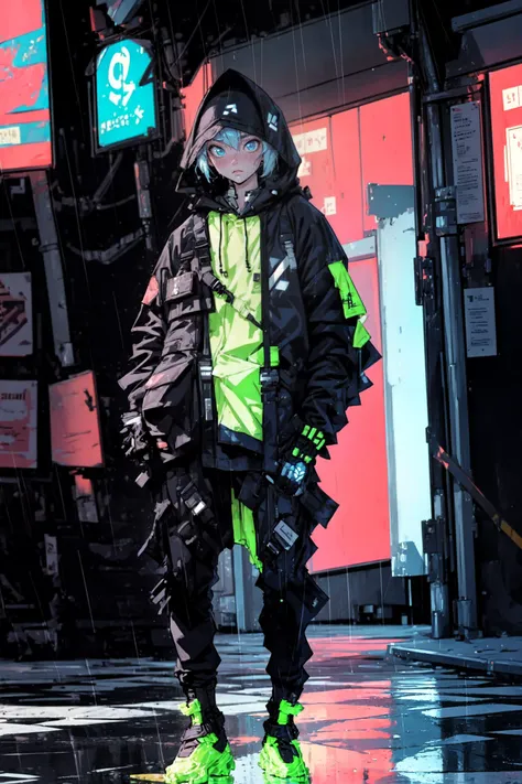 (masterpiece, best quality, detailed, pastel colors, neon, fluorescent), occult, (science fiction), pop art, (solo), dynamic angle, 1girl, baggy clothes, hoodie, (techwear jacket), (with buckle and tape), heavy rain, wet floor, reflections, looking at viewer, blue eyes, hands in pockets, <lora:Flat_Art_Style_v2:0.5> <lora:urbansamurai_v0.3:0.9>