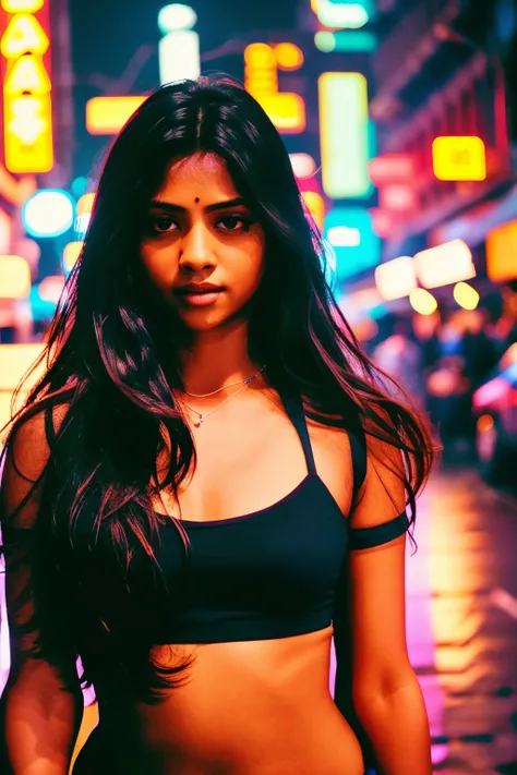 (detailed face, detailed eyes, clear skin, clear eyes), woman,shaunromy,1girl, long hair, brown hair, brown eyes, full body, looking at viewer, portrait, photography, detailed skin, realistic, photo-realistic, 8k, highly detailed, full length frame, High detail RAW color art, diffused soft lighting, shallow depth of field, sharp focus, hyperrealism, cinematic lighting, cyberpunk city, neon light, cyberpunk background <lora:ShaunRomy:1>
