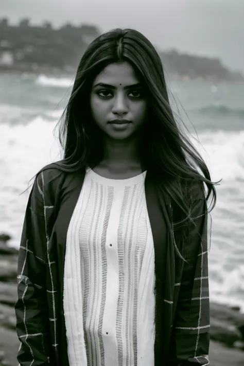 b&w photo of woman in black clothes, shaunromy, long hair, face, half body, body, high detailed skin, skin pores, coastline, overcast weather, wind, waves, 8k uhd, dslr, soft lighting, high quality, film grain, Fujifilm XT3 <lora:ShaunRomy:1>