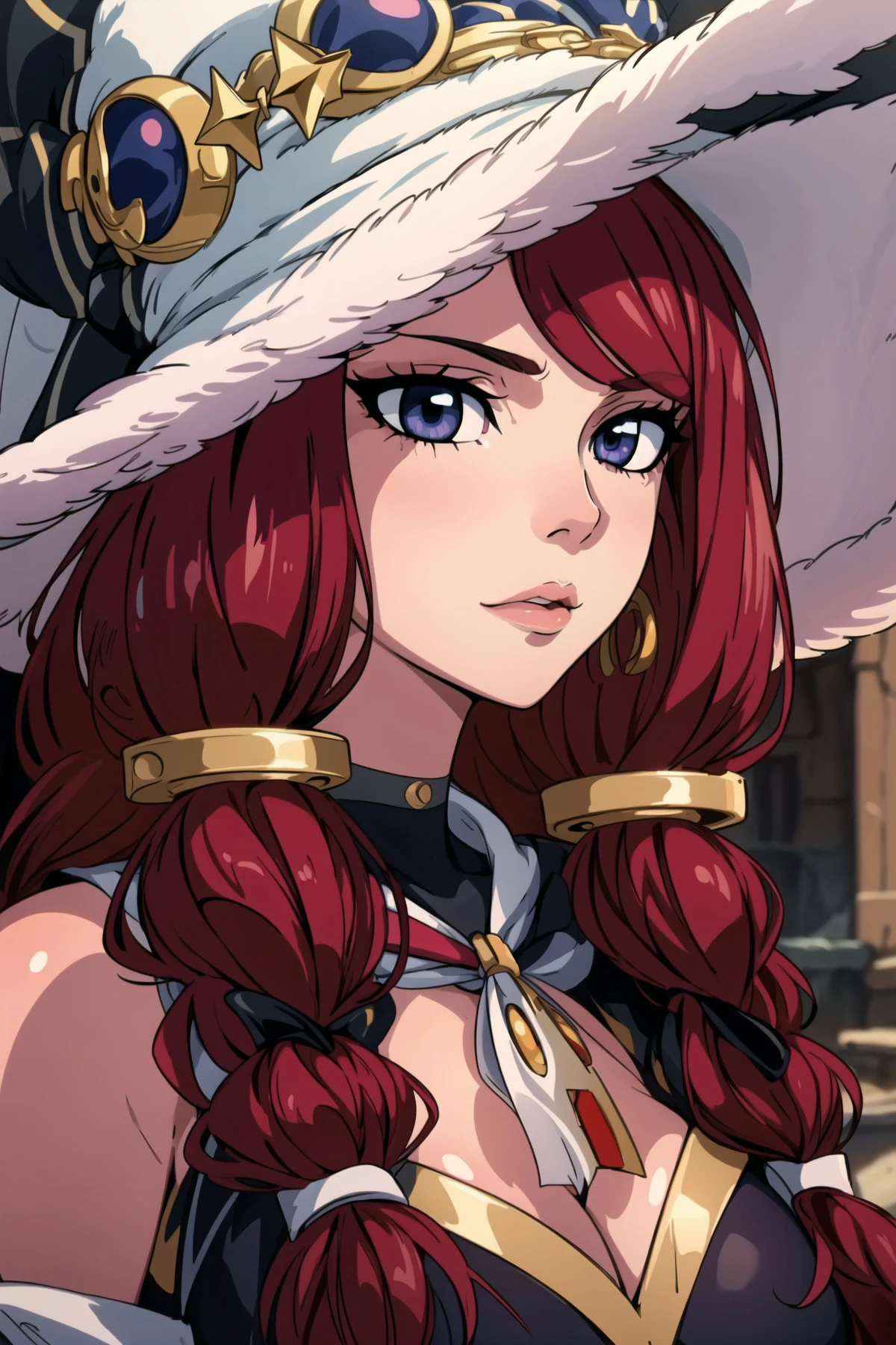 masterpiece, ((best quality)), ((highly detailed)),((detailed eyes, deep eyes)), ((1girl:1.2,solo:1.2)), ((big breasts:1.4)), irene, cleavage, looking at viewer, <lora:IreneV2:0.8>,solo, irene, breasts, red hair, underboob, hat, long hair, witch hat, 1girl, braid, large breasts, twin braids, gloves, elbow gloves, black eyes, looking at viewer,(full body), hair between eyes, huge ahoge. hair intakes, 20yo,Young female,Beautiful Finger,Beautiful long legs,Beautiful body,Beautiful Nose,Beautiful character design, perfect eyes, perfect face,expressive eyes, looking at viewer, in the center of the image,(Upper_body),(Focus on her face), official art,extremely detailed CG unity 8k wallpaper, perfect lighting,Colorful, Bright_Front_face_Lighting,shiny skin, (masterpiece:1.0),(best_quality:1.0), ultra high res,4K,ultra-detailed, photography, 8K, HDR, highres, absurdres:1.2, Kodak portra 400, film grain, blurry background, bokeh:1.2, lens flare, (vibrant_color:1.2) (Beautiful,large_Breasts:1.2),