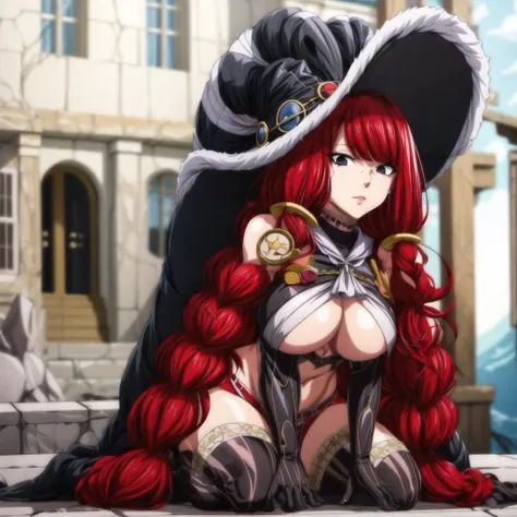 <lora:more_details:1>, <lora:IreneV2:0.8>,solo, irene, breasts, red hair, underboob, hat, long hair, witch hat, 1girl, braid, large breasts, twin braids, gloves, elbow gloves, black eyes, looking at viewer,(full body),