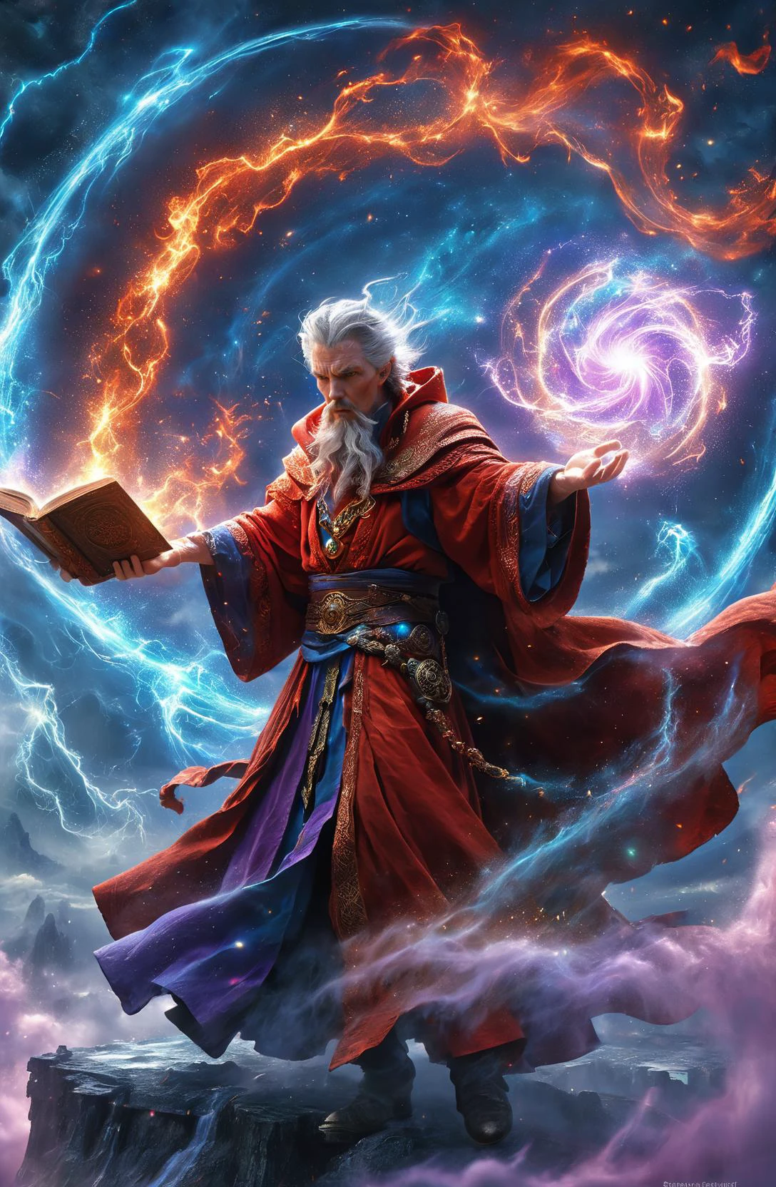 amazing quality, masterpiece, best quality, hyper detailed, ultra detailed, UHD, perfect anatomy, face to viewer, Surreal, Fantasy World,
extreme weather, storm, strong wind, swirl in the sky, dark sky, darkness, a magic world, wizard,( red cloud:1.3),
a full body shot of Doctor Strange wearing wizard robe, little angry, red robe of Doctor Strange, (holding spellbook:1.3),
casting water magic spells, gradient color, magic circle, (red hybrid purple:1.3) energy flow, energy flow surrounded, water column above one hand, Sorcerer Supreme,
floating body, jumping, flying, hovering on mountain top, snow, snowing, powerful magic, magic circle, waterspout, full of energy, spectacular magic scenes,
<lora:Fantasy_Wizard__Witches_SDXL:0.75>, hkmagic,
<lora:add-detail-xl:0.85>,
<lora:EnvyBetterHiresFixXL01:1.0>,
<lora:extremely_detailed:1.0>, extremely detailed,
<lora:DonM3t3rn1tyXL-v1.1-000008:0.6>, DonM3t3rn1tyXL,
SK_Fantasy,
