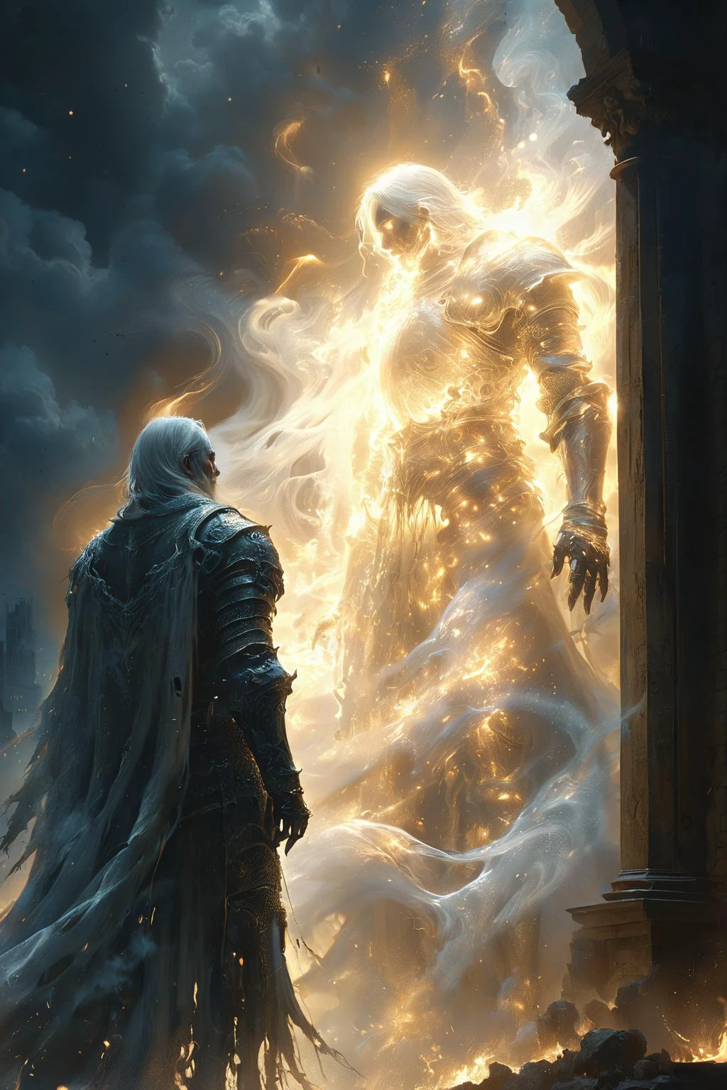 amazing quality, masterpiece, best quality, hyper detailed, ultra detailed, UHD, perfect anatomy, Surreal,
(under moon light:1.2), translucent, white background light, glowing, ( silhouette overlapping:1.2), nothingness,( Misty:1.2),( water vapor:1.2),
soul, white shadow in the back, ghost shadow, smoke, smoke human shape, face, white hair, supernatural,
an cinematic shot of a soul knight, soul particals around the knight, fantasy tavern in background, night,
<lora:Soul_Knight_SDXL_-_By_HailoKnight:0.75>, soul knight,
<lora:add-detail-xl:0.85>,
<lora:EnvyBetterHiresFixXL01:1.0>,
<lora:extremely_detailed:1.0>, extremely detailed,
<lora:DonM3t3rn1tyXL-v1.1-000008:0.7>, DonM3t3rn1tyXL,