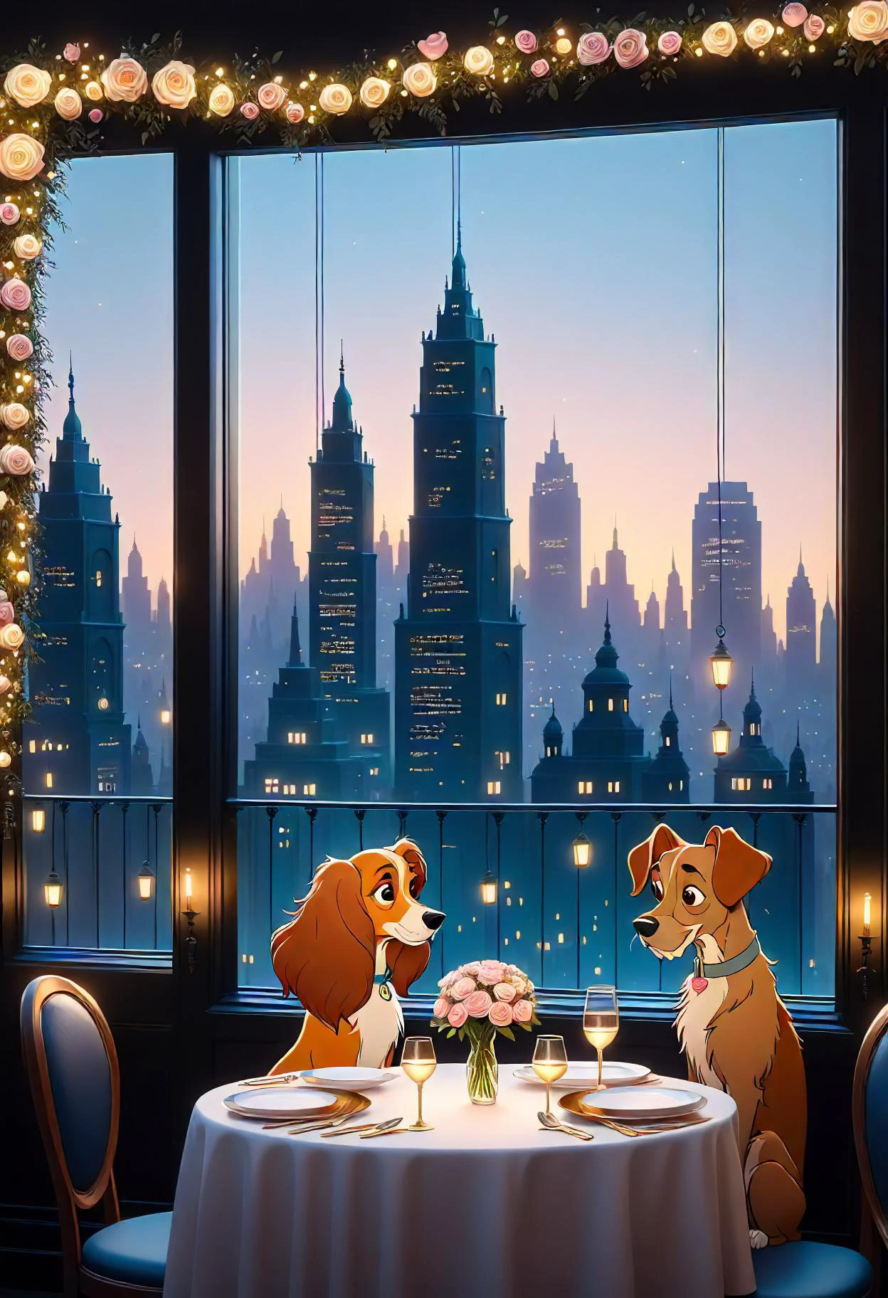 valentines day, minimalist, intimate, flowers, the lady and the tramp, city skyline, elegant dinner at a fancy restaurant, twinkle lights <lora:released\DonM3t3rn1tyXL-v1.1-000008:0.8>