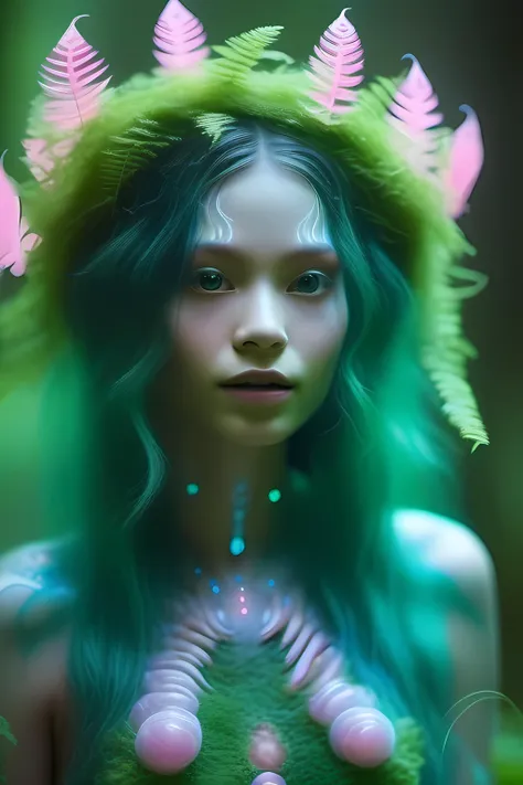close up portrait, masterpiece, surreal bioluminescent female formed from the forest around her, small breasts, (eyes looking at viewer), head turned to viewer, long wavy green hair floating around her, perfect face, makeup, dressed in simple moss bodysuit, fantasy forest with mushrooms and ferns in background, pink and green color palette, whimsical, action, (8k uhd), RAW, highly detailed skin, pores, intricate details, body contour lighting, cinematic lighting, depth of field, film grain, realistic, <lora:add-detail-xl:1>, <lora:DonM3t3rn1tyXL:0.8> DonM3t3rn1tyXL ,