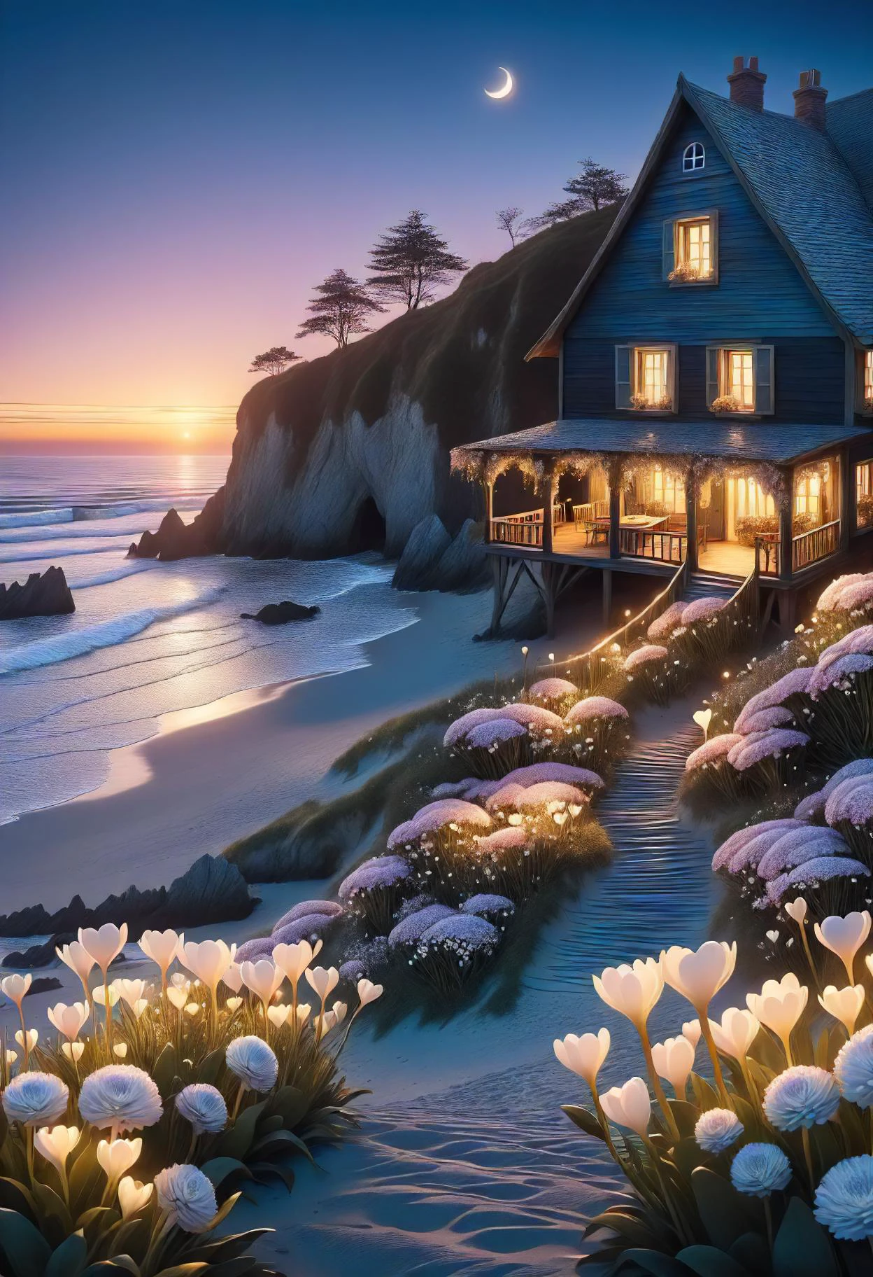 valentines day, surreal, rustic, flowers, giving flowers, charming bed and breakfast, hand-in-hand walks along the beach at sunset, moonlit <lora:released\DonM3t3rn1tyXL-v1.1-000008:0.8>