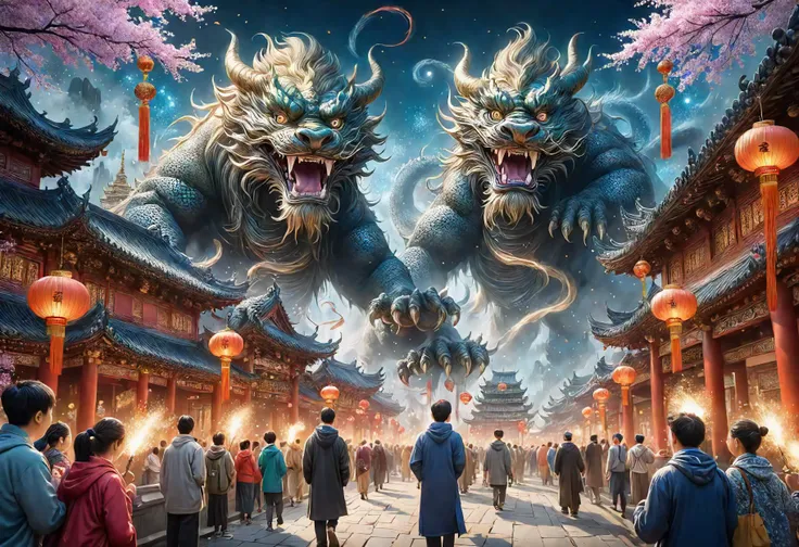 hyper detailed masterpiece,realistic, lunar newyear, Ink and wash painting, Cheerful, Spring scrolls, Vertical banners with wishes for the new year, Offering sacrifices to ancestors, honoring family heritage and roots, Temples, Busy with worshippers praying for good fortune, surrounded by incense smoke and festive decorations, Dragon and lion dances, Sparklers, Hand-held fireworks that sparkle, adding a personal touch to celebrations <lora:SDXL\DetailedEyes_V3><lora:ClearHand-V2>,<lora:released\DonM3t3rn1tyXL-v1.1-000008>