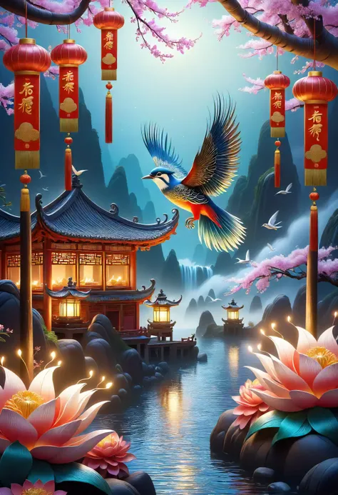 lunar newyear, Gongbi, Detailed brushwork often depicting birds and flowers, Reflective, Red envelopes, Given as gifts, filled with money for luck and prosperity, Fish, Served whole for abundance and prosperity, Countrysides, Quiet and serene, with traditional decorations adorning homes and public spaces, Fireworks and firecrackers, Candle holders, Shaped in traditional symbols or animals of the Chinese zodiac <lora:SDXL\DetailedEyes_V3> <lora:ClearHand-V2> <lora:released\DonM3t3rn1tyXL-v1.1-000008>