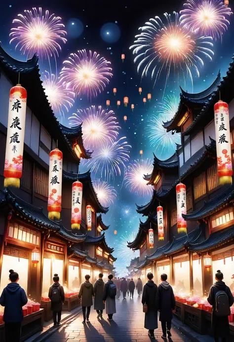 lunar newyear, Ink and wash painting, Cheerful, Spring scrolls, Vertical banners with wishes for the new year, Flowers Plum blossom, Cityscapes, Illuminated by festive lights, lanterns, and decorations, with crowded streets and markets, Fireworks and firecrackers, Firecrackers <lora:SDXL\DetailedEyes_V3> <lora:ClearHand-V2> <lora:released\DonM3t3rn1tyXL-v1.1-000008>