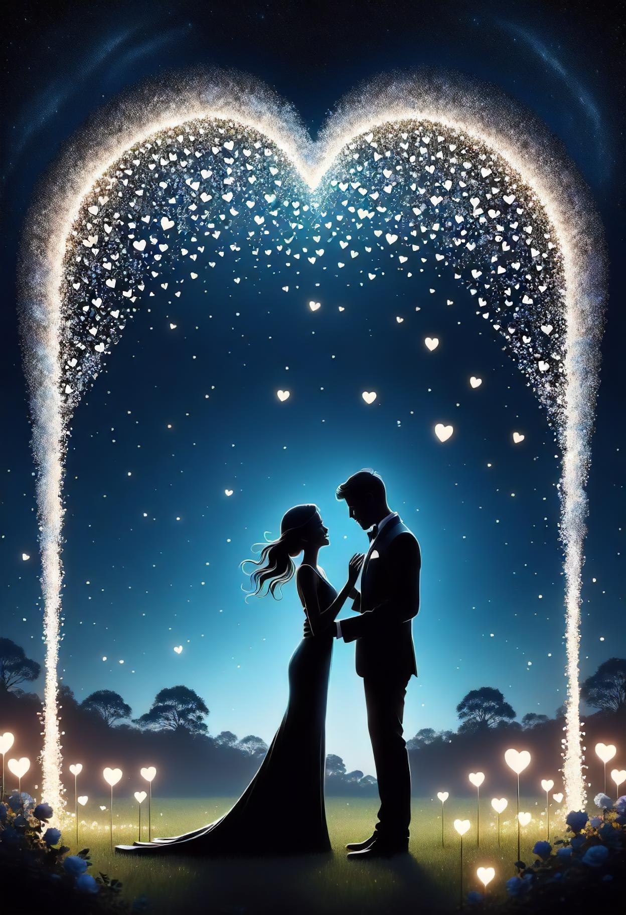 A couple standing in front of a heart shaped archway with sparkles ...